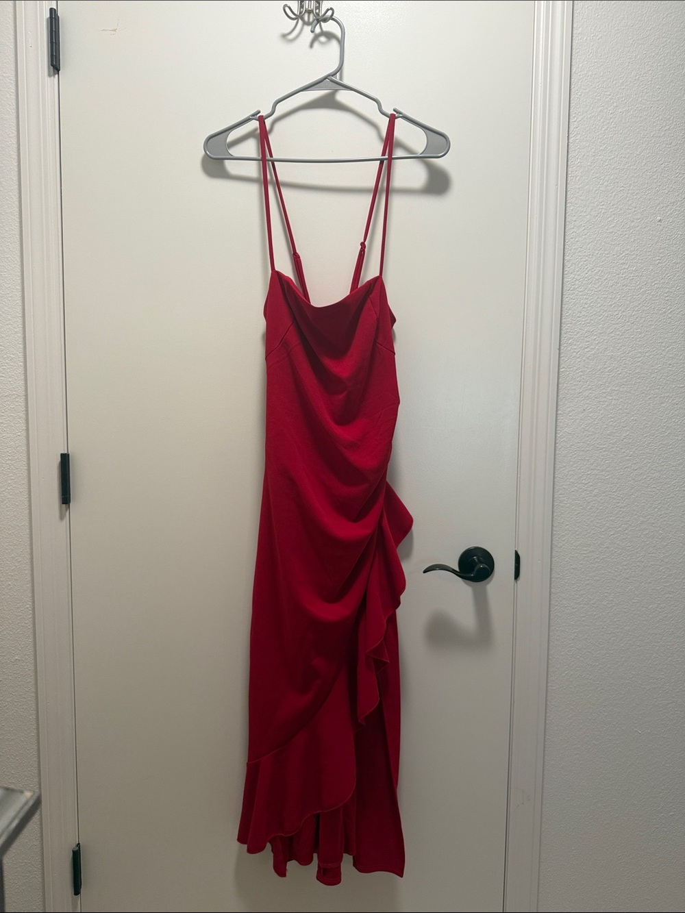 Emerald Sundae Red Cowl-Neck Midi Dress with Ruffle Side
